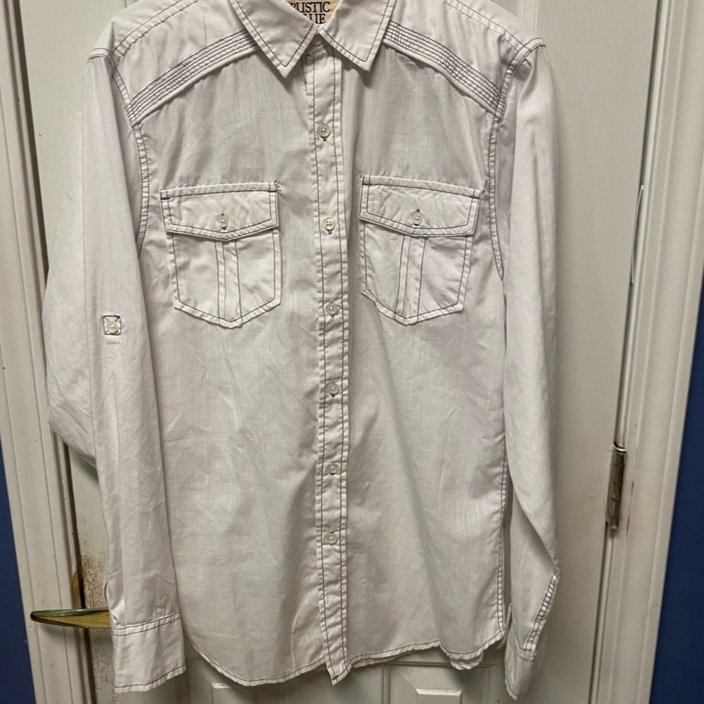 Rustic Blue White Casual Button Down Shirt Men Size Small